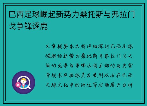 巴西足球崛起新势力桑托斯与弗拉门戈争锋逐鹿 巴西足球崛起新势力桑托斯与弗拉门戈争锋逐鹿